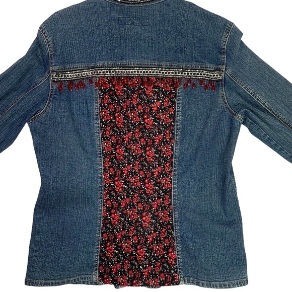 Denim Jacket Red & Black Floral w/Beaded Chain Trim Boho Banana Republic Large - Picture 3 of 14